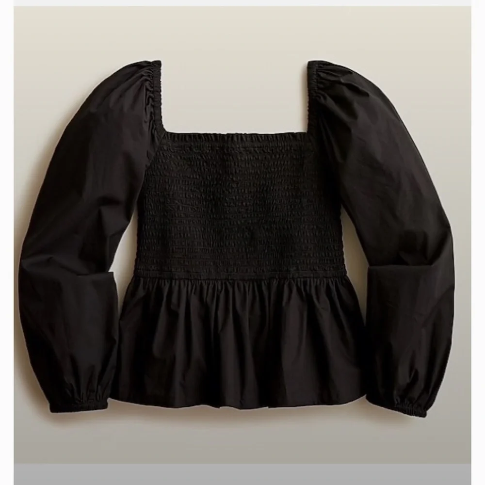 J. Crew Black Smocked Square-Neck Peplum Top Poplin Cotton SZ S EUC
